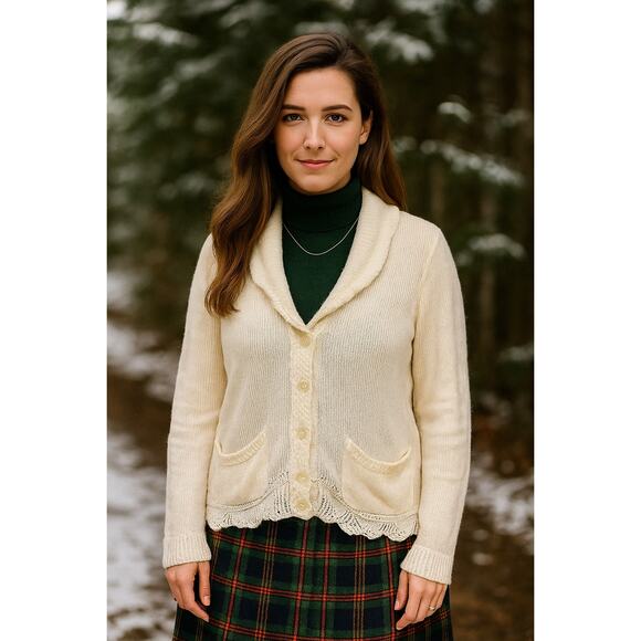 Lauren Ralph Lauren 100% Linen Cream Knit Cardigan Sweater Large coastal grandma - Picture 1 of 8